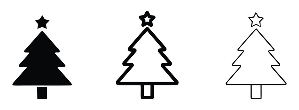 Isolated christmas tree icon with star. Pine icon set. Fir tree vector set. Christmas tree icon set. Vector illustration of pine silhouette.  