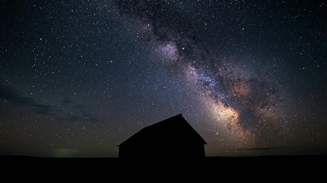 Drifting thin cloud coming from right across bright core above barn over plain, partly hiding stars