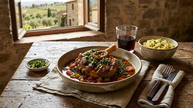 Delicious meat stew served in a bowl on a rustic wooden table with wine and a countryside view. veal osso bucco