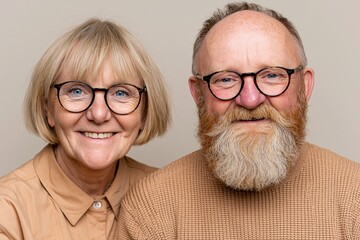 Fototapeta premium A smiling elderly couple wearing glasses, a woman with blonde hair and a man with a beard, close-up portrait.