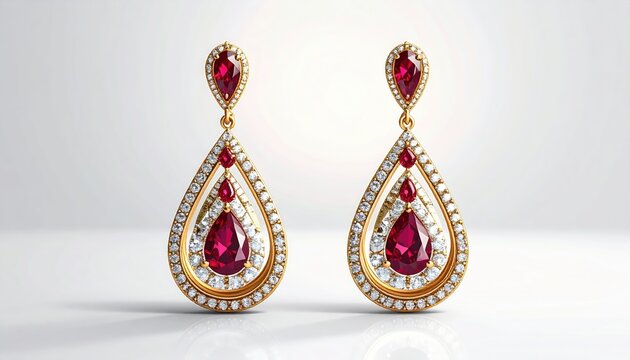 Elegant Gold Teardrop Earrings with Red Gemstones and Diamonds