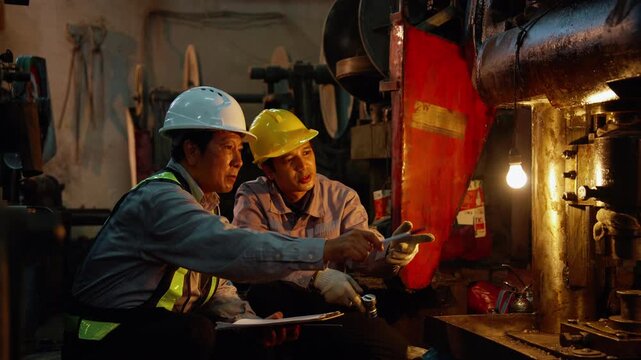 Senior engineer and technician inspecting industrial machinery inside a manufacturing plant. Preventive maintenance, machine inspection, engineering teamwork, and workplace safety.
