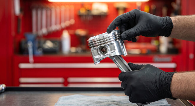 Mechanic holding high performance engine piston and connecting rod assembly in garage workshop.