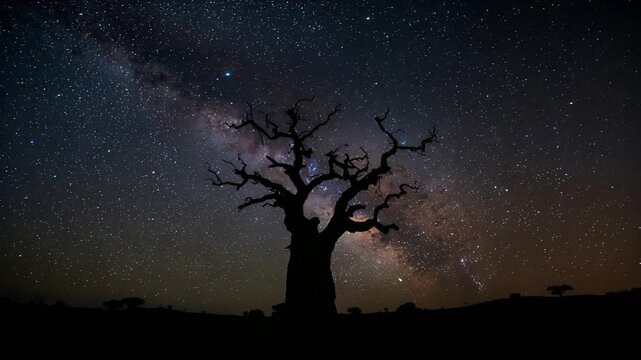 Drifting Milky Way rotating behind baobab-like tree silhouette on plain due to Earth's rotation