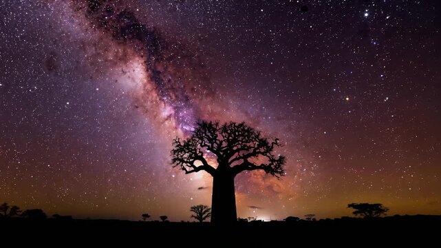 Brightening Milky Way core moving dense star field across savanna sky, revealing baobab silhouette