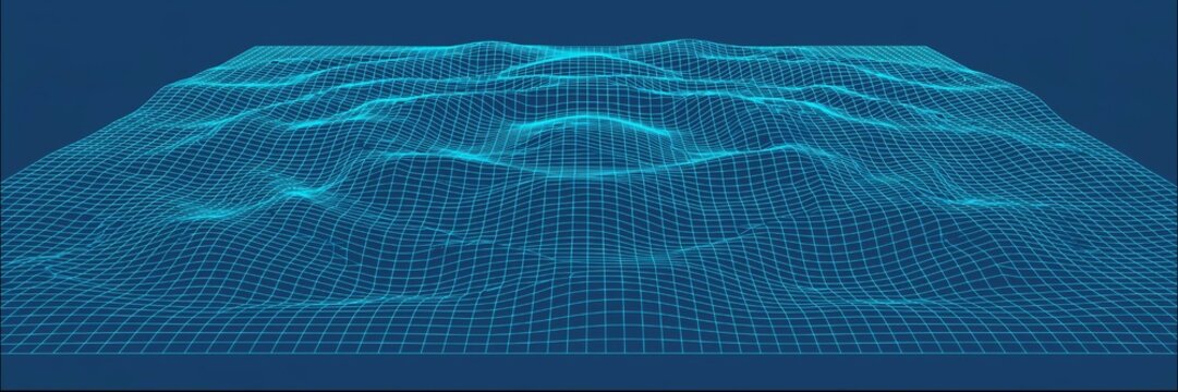 3D wireframe landscape with grid pattern on dark blue background