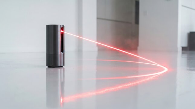 Smart laser level device projecting red beam on floor. Modern white interior with reflection on glossy surface.