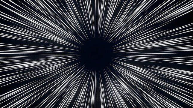 Hyperspace speed motion lines on black background, fast zoom effect with white radial light rays, abstract warp drive space travel background