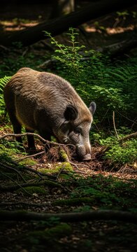 A large, powerful feral hog with coarse hair actively searching and rooting for food in the dense, shaded undergrowth of a forest floor, natural, powerful, danger