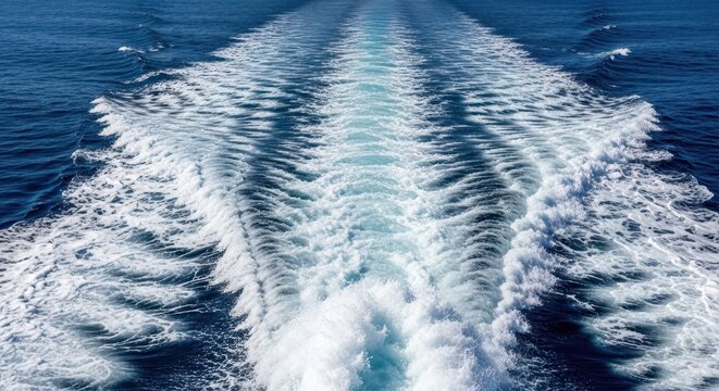 A high-contrast aerial view showing the churning white foam and swirling bubbles of a powerful boat wake carving through deep blue water, abstract, spray, motion