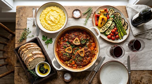 Delicious osso buco stew with grilled vegetables and polenta on a rustic wooden dining table. veal osso bucco