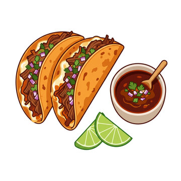 Birria tacos with consomm&eacute; dipping sauce, fusion food  Vector Illustration