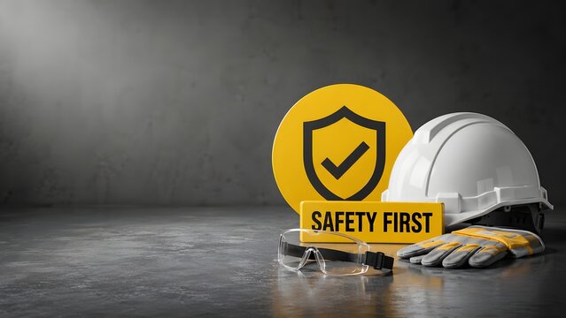 Industrial safety equipment protocols displaying protective goggles, work gloves and hard hat with prominent safety first signage.