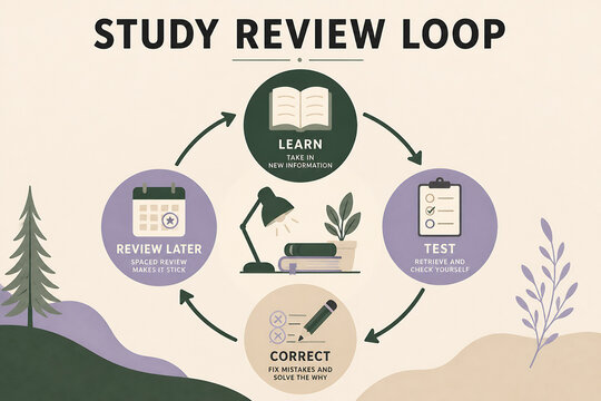 A diagram illustrates the Study Review Loop process involving learning, reviewing later, testing, and correcting mistakes.