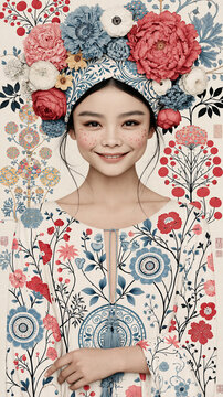 Young Asian woman smiling in floral print dress. Elegant female model posing with vibrant botanical background for fashion or beauty campaign