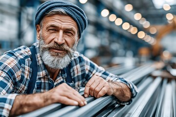 Fototapeta premium Portrait of a weathered, experienced factory worker with a grey beard and blue beanie, looking at the camera.