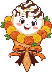 Fototapeta premium Cartoon ice cream cone with smiling face and colorful floral wreath around it