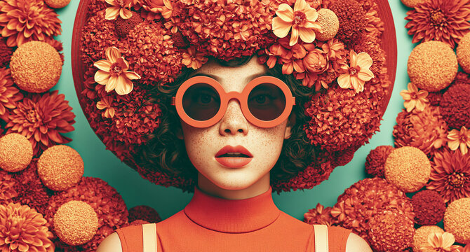Retro fashion woman with oversized sunglasses and floral headpiece. Stylish female model in bold vintage eyewear and vibrant floral accessories for...
