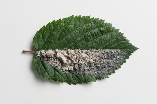A single green leaf with a stark contrast of ash and dust covering its surface, symbolizing decay and renewal.