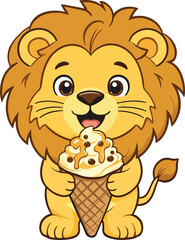 Fototapeta premium Cartoon lion holding and eating ice cream cone with caramel and chocolate chips happily