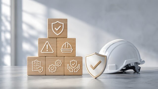 Occupational safety compliance framework displaying wooden hazard icons alongside protective hard hat and verification shield.