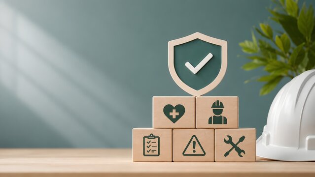 Workplace health and safety regulations featuring industrial icons on wooden blocks with protective hard hat and green approval shield.