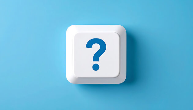 Closeup Of Single White Keyboard Key With Blue Question Mark On Light Blue Background Representing Inquiry And Uncertainty