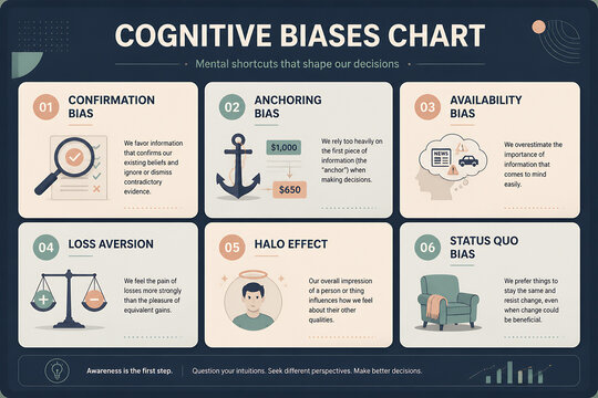 A chart illustrating six cognitive biases, including Confirmation Bias and Anchoring Bias, is displayed against a dark background.