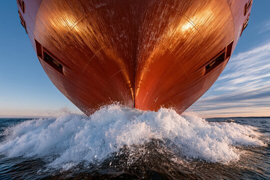 The imposing bow of a large cargo ship cuts through the ocean waves, creating a dramatic spray of water.