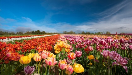 Fototapeta premium Mix Of Colorful Tulips Outdoor And Blue Sky In The Upper Half