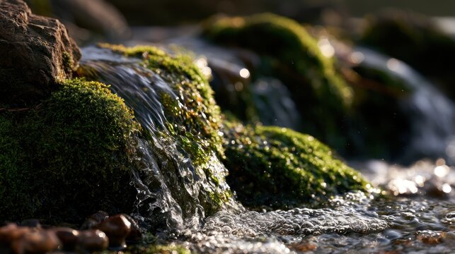 Mossy rocks with a small stream flowing over them