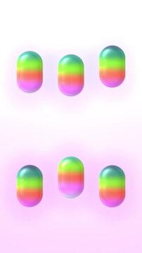 Rainbow gradient glossy pills on white background, animated 3d capsules, seamless looping vertical video