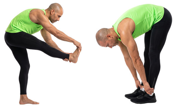 set of two poses showing a sporty bald man stretching his hamstrings