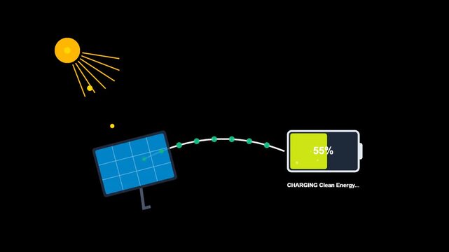 Sustainable Solar Energy Concept Showing Sunlight Charging a Battery via Photovoltaic Panels on a Black Background
