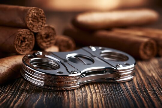Close-up of a polished silver cigar cutter resting on a rustic wooden surface with cigars in the background.