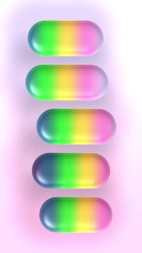 Rainbow gradient glossy pills on pink background, animated 3d capsules, seamless looping vertical video