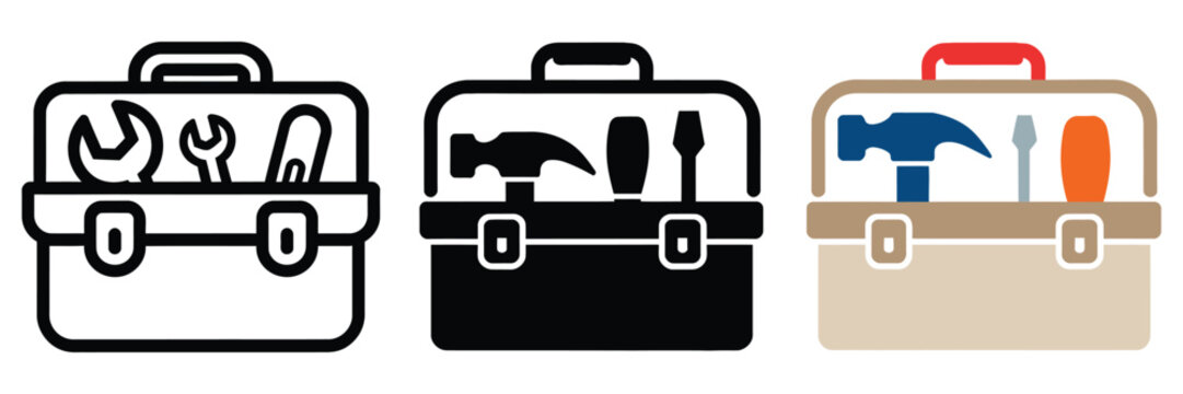 Tool box icon set with repair maintenance and construction equipment symbols
