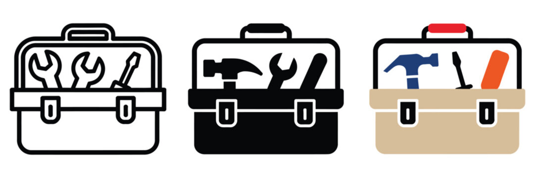 Tool box icon set with repair maintenance and construction equipment symbols