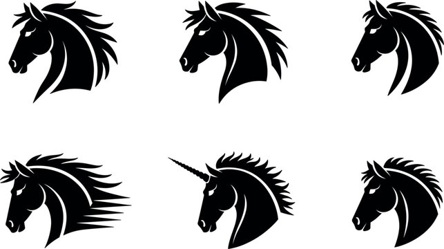 Horse head black silhouette icons vector set, powerful stallion profiles, mustang mascots and unicorn emblem designs