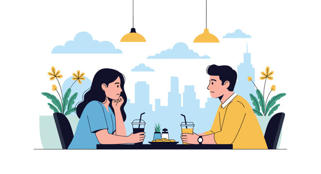 Unhappy couple sitting at a restaurant table having an awkward date with visible tension and sadness between them.