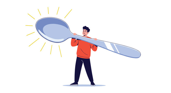 Happy male character holding a giant silver spoon representing dining, food preparation, and culinary adventures.