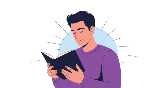 Studious young man in a purple sweater reading an open book with focused attention, isolated on white background.