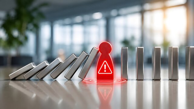 Personnel risk management strategy showing red human figure halting destructive metal domino chain reaction.