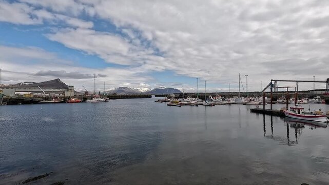Wide pan of Akranes harbour with fishing fleet, calm water and snow-capped mountains beyond, West Iceland