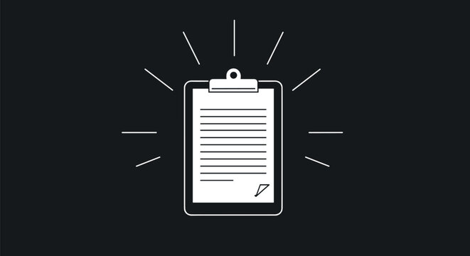 Minimal clipboard with a blank document and radiating light rays, isolated on a dark charcoal background.