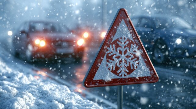 Winter road sign warning of snow and ice hazard