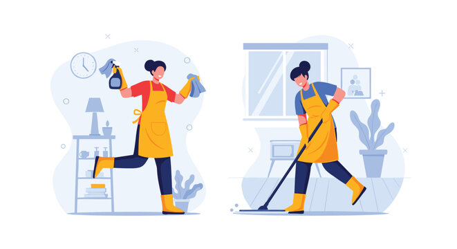 Dedicated professional maid spraying surface cleaner and mopping the floor in a clean, modern home setting.