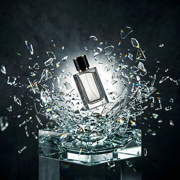 Glass bottle of liquid splashing against a glass surface creating shattered crystal shards against a dark background with light rays
