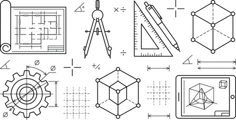 Architecture engineering and geometry blueprint vector line icon set featuring compass divider ruler gear 3d cube tablet © Hafizul