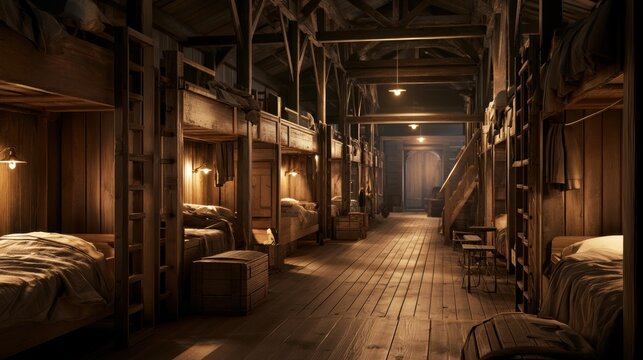 Rustic bunkhouse interior with wooden beds and warm lighting